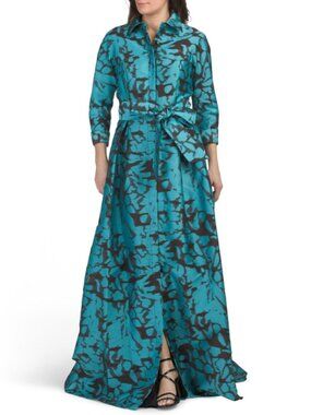 TERI JON Burnout Jacquard Floral Pattern Shirt Waist Gown